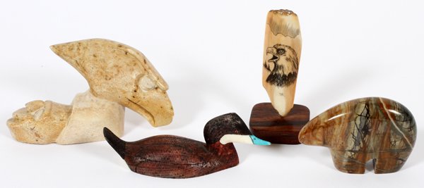 INUIT CARVINGS, FOUR: INUIT CARVINGS, FOUR:Including 1 stone polar bear, L.2 1/2"; 1 ruddy duck carved from horn, signed Ted Mayar and dated '91, L.3 1/2"; 1 walrus tusk carved with an eagle, H.2 1/4"; and 1 stone eagle, s