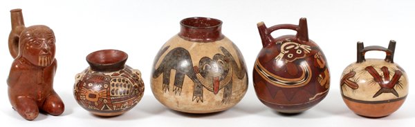 PRE-COLUMBIAN MASK-FORM VESSELS, FIVE (1 of 2)