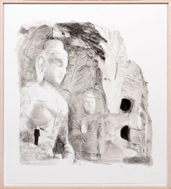 MICHELE ZALOPANY COLOR LITHOGRAPH 'AP IV' 1988: MICHELE ZALOPANY (B 1955), COLOR LITHOGRAPH, 'AP IV', 1988, H 37", W 33":Michele Zalopany (b.1955), color lithograph, depicts Buddha statues carved in the side of a cliff with a figure in dark dress i