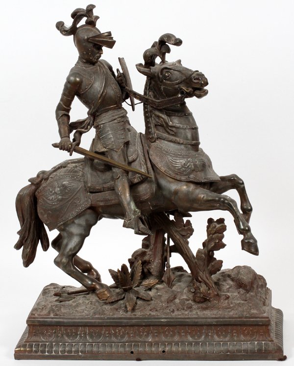 SPELTER SCULPTURE, KNIGHT ON HORSE: SPELTER SCULPTURE, H 18", L 14", D 6.5", KNIGHT ON HORSE:Depicting a knight in armor, with a shield and sword on his horse, that is also dressed in armor. For a high resolution photo