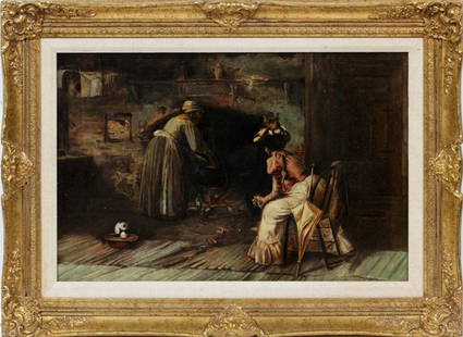 AFTER ARTURO RICCI FRAMED PRINT: AFTER ARTURO RICCI, FRAMED PRINT, H 19", W 29", INTERIOR SCENE:An interior scene with servant preparing food in a fireplace pot. For a high resolution photo CLICK