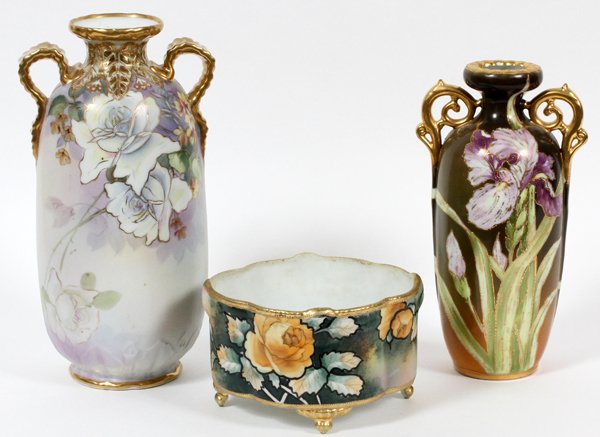HAND PAINTED PORCELAIN VASES AND FOOTED BOWL C1930 (1 of 3)
