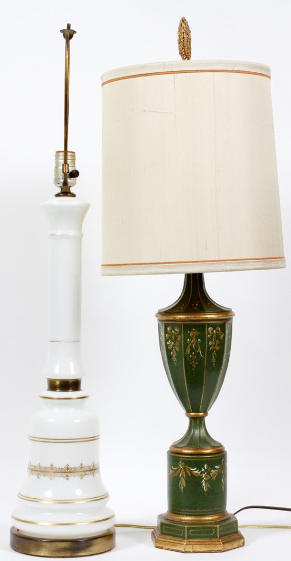 GLASS AND METAL LAMPS, TWO: GLASS AND METAL LAMPS TWO:urn shaped tole green, other is white with gilt accents. For a high resolution photo CLICK HERE
