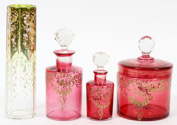 CRANBERRY GLASS SCENT BOTTLES AND VASE C19TH C (1 of 2)