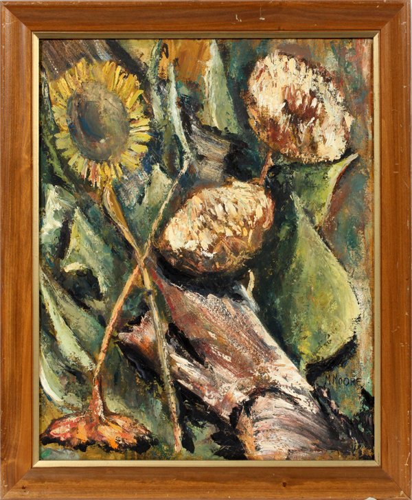 MARION MOORE OIL ON CANVAS BOARD: MARION MOORE (US 20TH C.), OIL ON CANVAS BOARD, H 30", W 24", SUNFLOWERS:Signed lower right; framed. For a high resolution photo CLICK HERE