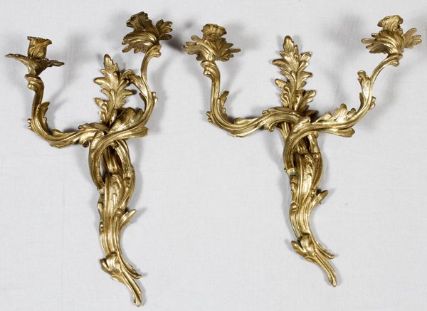 FRENCH STYLE TWO-LIGHT BRASS SCONCES, PAIR (1 of 2)