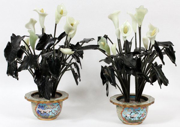 CLOISONNE PLANTERS, JADE & SERPENTINE FOLIAGE (1 of 2)
