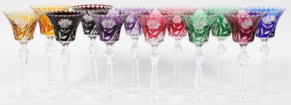BAVARIAN COLORED CUT CRYSTAL WINE GLASSES TWELVE: BAVARIAN COLORED CUT CRYSTAL WINE GLASSES, TWELVE:Twelve tulip form colored cut crystal wine glasses. For a high resolution photo CLICK HERE