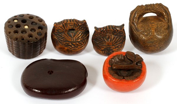 JAPANESE WOOD CARVINGS, SIX (1 of 2)