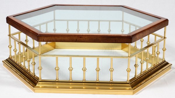 CONTEMPORARY WALNUT BRASS & GLASS COCKTAIL TABLE (1 of 2)