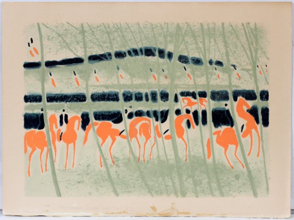 ANDRÉ BRASILIER COLOR LITHOGRAPH: ANDRÉ BRASILIER (FRENCH, B.1929), COLOR LITHOGRAPH, 22 1/4" X 29 3/4", 'LES CHEVAUX ROUGES':Depicting horses in a wooded landscape. Pencil signed and numbered along the margin (see additional photo).