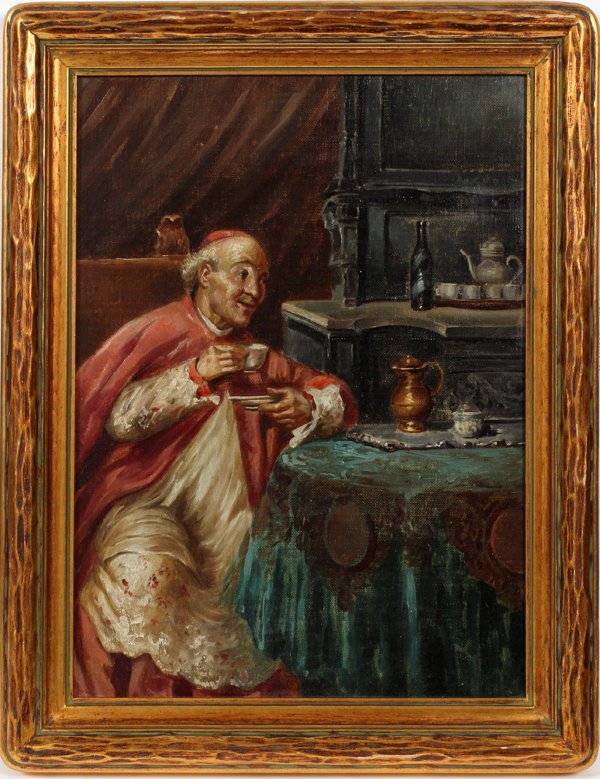 ITALIAN SCHOOL OIL ON CANVAS: ITALIAN SCHOOL OIL ON CANVAS, 15" X 11", CARDINAL ENJOYING TEA:A kitchen scene depicting a seated cardinal drinking tea. Unsigned. Framed. John Willis Art Shop. Detroit label on verso. For a high reso