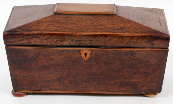 ENGLISH ROSEWOOD TEA CADDY C. 1840 (1 of 2)