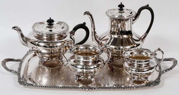 OLD ENGLISH SILVERPLATE TEA & COFFEE SET W/ TRAY (1 of 2)