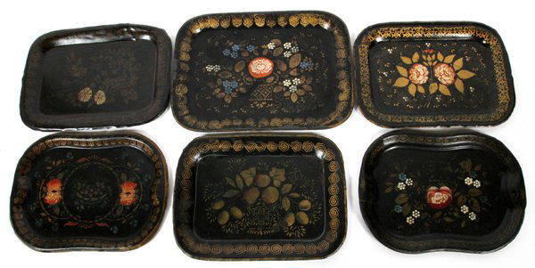 ANTIQUE TOLE TRAYS, SIX (1 of 3)