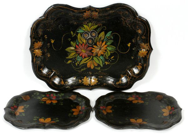 ANTIQUE TOLE TRAYS, THREE (1 of 2)