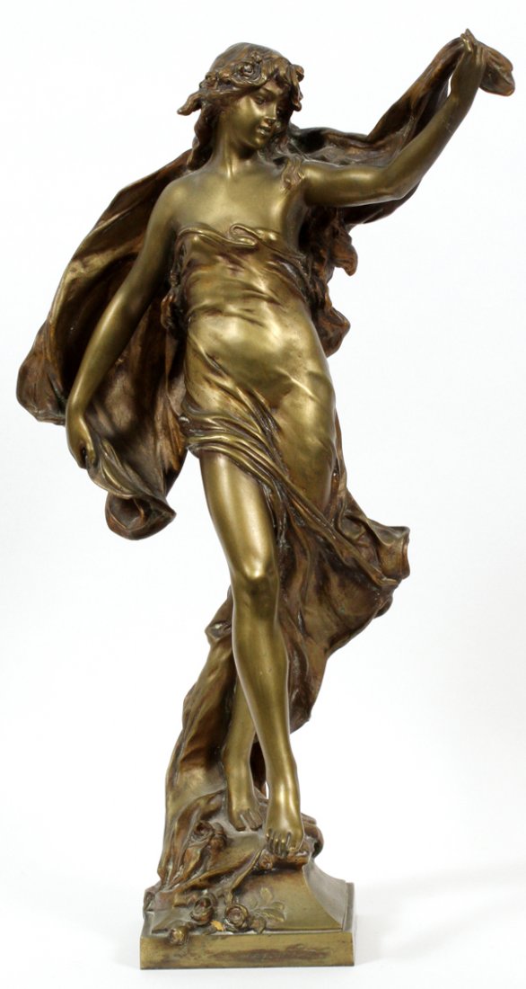 EUGENE MARIOTON BRONZE C1901: EUGENE MARIOTON, (FRANCE 1857 - 33) BRONZE C1901, H 23" NYMPE DANSANT:1857-1933, Dancing nymph. Bronze with gold patina. Hors concours "Honors". For a high resolution photo