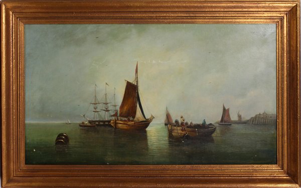 DUTCH SCHOOL OIL ON CANVAS 19TH C.: DUTCH SCHOOL, OIL ON CANVAS, 19TH C., H 23", W 41" SAILING VESSELS:Framed. Signed illegibly in the lower right corner. Signed "H. W. " For a high resolution photo