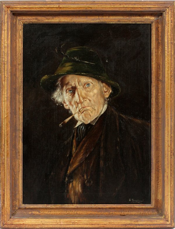 E. BONTEMP OIL ON CANVAS MAN SMOKING CIGAR 20TH C. (1 of 3)