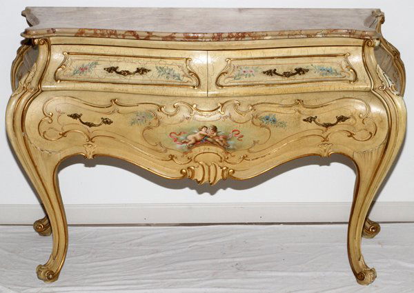 VENETIAN STYLE DECORATED BOMBE COMMODE W/ MARBLE (1 of 2)