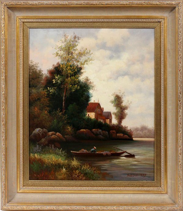 BOB SANDERS OIL ON CANVAS: BOB SANDERS, OIL ON CANVAS H 24" W 20" LANDSCAPE:Signed. Frame size: 32" x 28". English country scene. Retailed by Jacobson's. For a high resolution photo CLICK HE