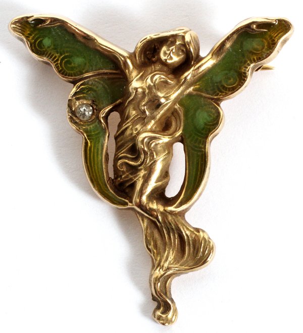 ART NOUVEAU GOLD DIAMOND & ENAMEL ANGEL FORM BROOCH (1 of 2)