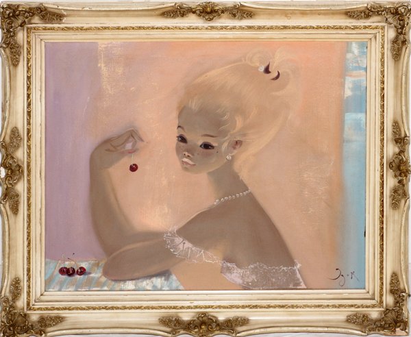 IGOR PANTUHOFF OIL ON CANVAS: IGOR PANTUHOFF (RUSSIAN 1911), OIL ON CANVAS H 24" W 30" GIRL WITH CHERRY:Signed lower right and framed. For a high resolution photo CLICK HERE