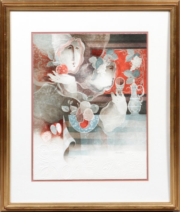 ALVAR LITHOGRAPH W/ EMBOSSING: ALVAR, LITHOGRAPH WITH EMBOSSING, FACES & TABLE WITH FRUIT & CHALICE, H 25 1/2", W 19 1/2":Marked EA 6/35 on lower left. Signed lower right and framed and matted under glass. For a high resolution pho