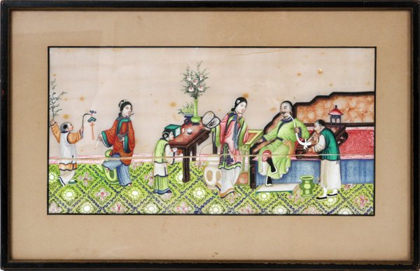 CHINESE WATERCOLOR ON SILK: CHINESE WATERCOLOR ON SILK, 6 1/2" X 13", EMPEROR ON OPIUM BED WITH FEMALE ATTENDANTS:Circa 1900. Framed. For a high resolution photo CLICK HERE
