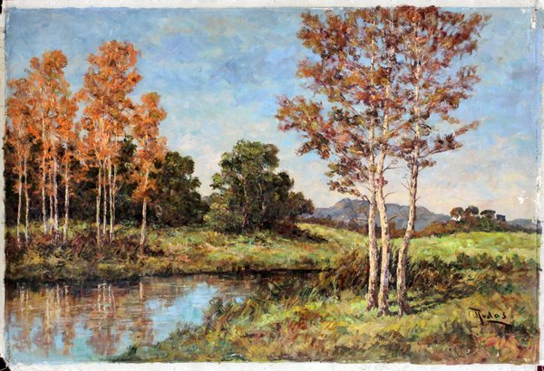 RUDAS OIL ON CANVAS: RUDAS, OIL ON CANVAS, 24" X 36", FALL LANDSCAPE WITH BIRCH TREES:Signed lower right; unframed; modern. For a high resolution photo CLICK HERE