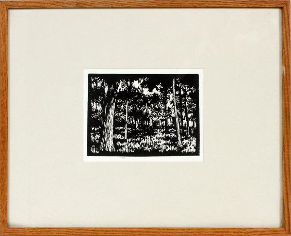 LEO MEISSNER LINOLEUM CUT #19/30 1924: LEO MEISSNER (AMER. 1895-1977), LINOLEUM CUT, #19/30, 1924, H 5 1/2", W 8", "FOREST DEPTHS":Gryphon Gallery label on verso inscribed: "Leo Meissner 1895/1977 Forest Depths, 1924 Linoleum Cut". "#19/30
