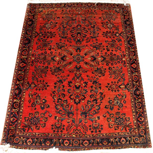PERSIAN ANTIQUE ORIENTAL SAROUK RUG: PERSIAN ANTIQUE ORIENTAL SAROUK RUG, W 3' 5", L 5' 1":Having a red ground, three borders with navy floral designs. (cleaned by Hagopian). For a high resolution photo