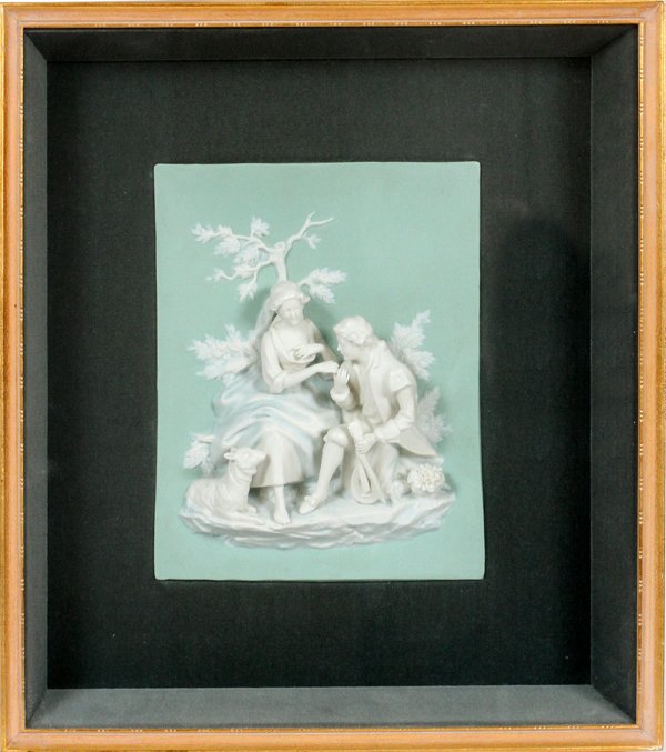RELIEF PLAQUE COURTING COUPLE: RELIEF PLAQUE COURTING COUPLE, H 8", W 6":Relief plaque depicts a courting couple, set in shadow box frame. For a high resolution photo CLICK HERE