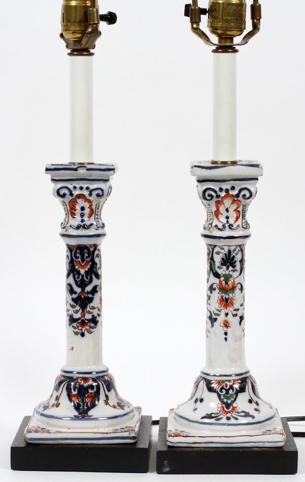 FRENCH FAIENCE CANDLESTICKS MOUNTED AS LAMPS PAIR (1 of 1)