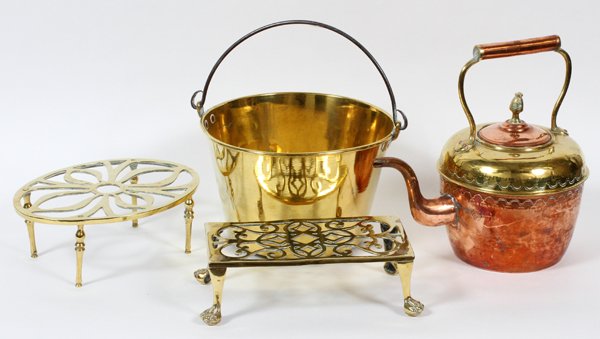 BRASS FIREPLACE TRIVETS, BRASS PAIL & TEAPOT: BRASS FIREPLACE TRIVETS (2), BRASS PAIL & TEAPOT:Teapot is English made, antique, in brass and copper. Brass pail is also 19th century. Four items total. From the collection of Dr. Marion Scott and An