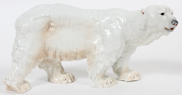 MEISSEN PORCELAIN FIGURE OF A POLAR BEAR C. 1905: MEISSEN PORCELAIN FIGURE OF A POLAR BEAR, C. 1905, H 4", L 8 1/2":Modeled by Otto Jarl, circa 1905; marked in blue underglaze with crossed swords, impressed 107, and incised T 182 (see additional phot