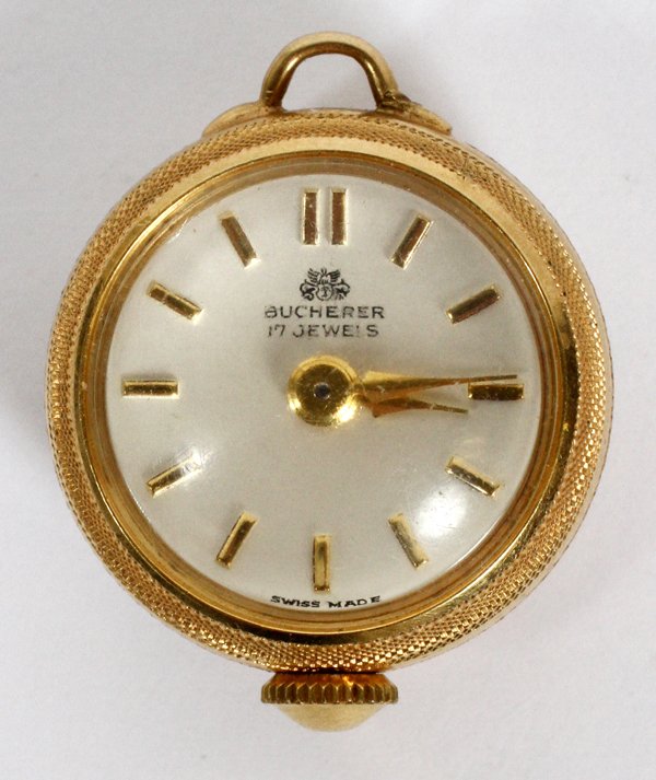 BUCHERER 14KT YELLOW GOLD LADY'S PENDANT WATCH: BUCHERER 14KT YELLOW GOLD LADY'S PENDANT WATCH, L 1":Unmarked yellow gold case with convex crystal at the front and back, 17 jewel movement. For a high resolution photo