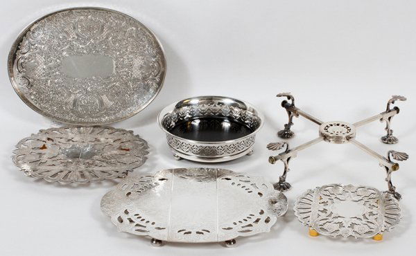 SILVERPLATE DISH CROSS, TRIVETS, TRAY & COASTER: SILVERPLATE DISH CROSS, TRIVETS, TRAY, & COASTER, SIX PIECES:Including 1 dish cross with expanding arms, three trivets, one 10" oval gallery tray and one 6" coaster. From the collection of Dr. Marion