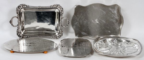 SILVERPLATE SERVING TRAYS & TRIVETS: ENGLISH & AMERICAN SILVERPLATE SERVING TRAYS & TRIVETS, MID 20TH C., FIVE PIECES:English silverplate includes 1 gallery tray by William Adams, L.13 1/2" x 9 1/2", 1 entrée dish also by William Adams,