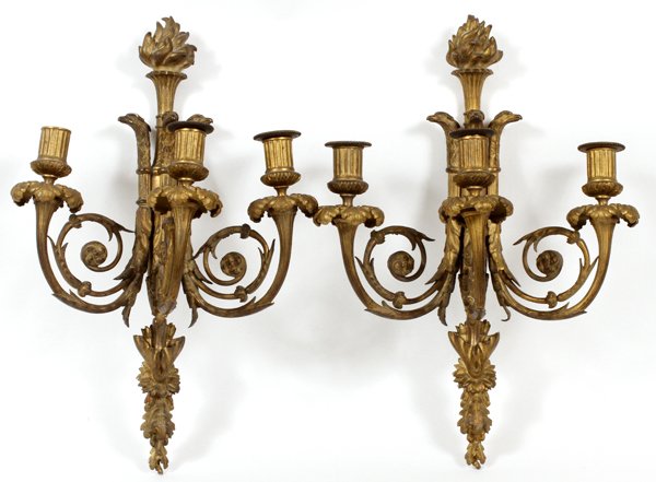 FRENCH BRONZE THREE LIGHT SCONCES (1 of 3)