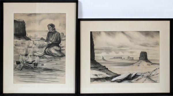 ROBERT DRAPER CHARCOAL DRAWINGS: ROBERT DRAPER (US, 1938-2000), CHARCOAL DRAWINGS, 2, H 23", 17", W 17", 23", SQUAW COOKING ON FIRE & WESTERN DESERT SCENE:Each signed lower right and framed. For a high resolution photo