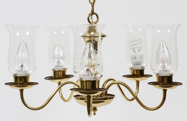BRASS FIVE LIGHT CHANDELIER W/ HURRICANE GLOBES (1 of 2)