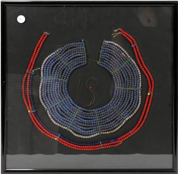 AFRICAN BEAD NECKLACE, MAASAI TRIBE, KENYA: AFRICAN ANTIQUE BEAD NECKLACE, MAASAI TRIBE, KENYA, FRAMED SIZE 12" X 12":Measurements are of the necklace itself. Framed under glass. Massai is an African tribe from Kenya.