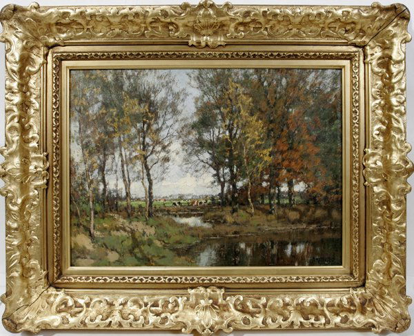 A.M. GORTER OIL ON CANVAS, CATTLE GRAZING: A.M. GORTER (DUTCH, 1866-1933), OIL ON CANVAS, 'CATTLE GRAZING AT A SUNLIT POOL', 14" X 19":Signed. Ex Estate of Donald Williams, Old brook Lane, Grosse Pointe, Mi.