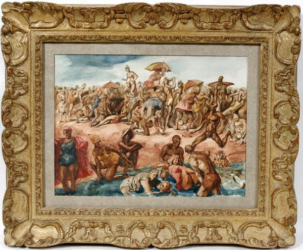 REGINALD MARSH, WATERCOLOR, BEACH SCENE: REGINALD MARSH (AM. 1889-1954), WATERCOLOR & PENCIL ON PAPER, 1951, 11 1/2" X 15 1/2", BEACH SCENE:Depicts beach scene on Coney Island. Signed and dated 1951, lower right.