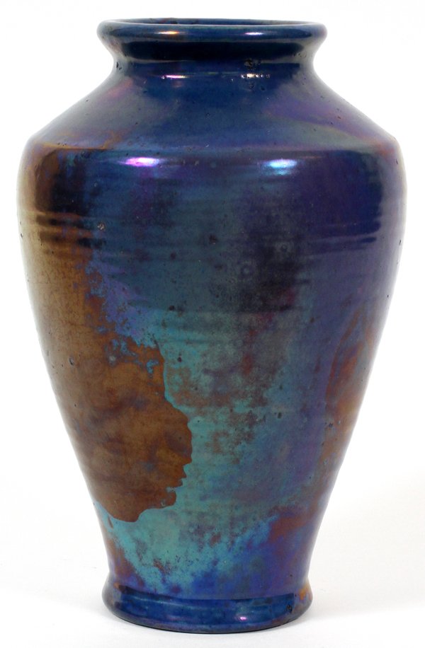 PEWABIC POTTERY BLUE GLAZE VASE: PEWABIC POTTERY BLUE GLAZE VASE, H 10", DIA 7":Impressed Pewabic Detroit mark. For a high resolution photo CLICK HERE