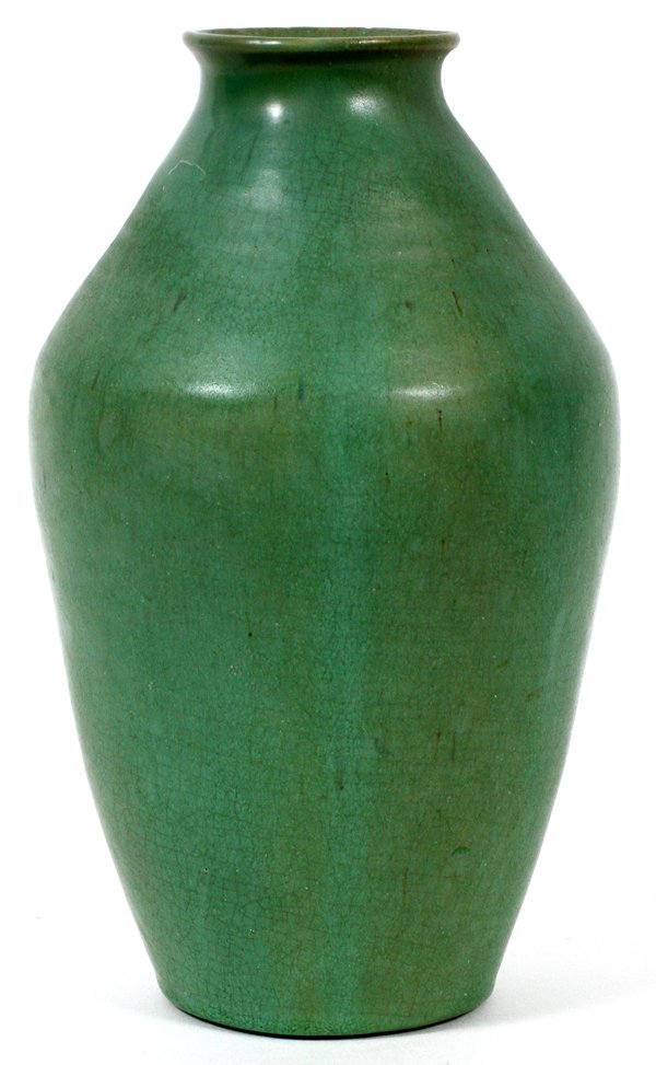 PEWABIC POTTERY MATTE FINISH GREEN GLAZE VASE: PEWABIC POTTERY, MATTE FINISH GREEN GLAZE VASE, H 9", DIA 5":having a matte finish green glaze, narrow rim opening to a larger body tapering to a smaller base. For a high resolution photo