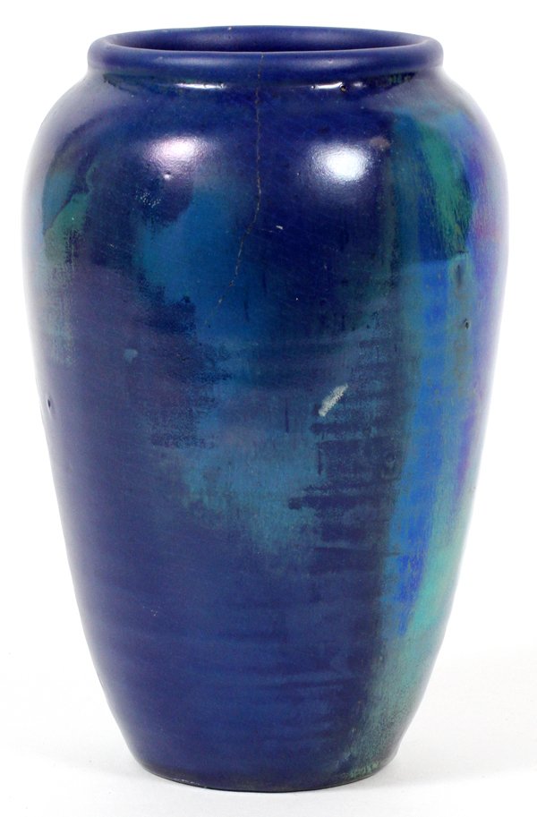 PEWABIC POTTERY BLUE GREEN VASE: PEWABIC POTTERY BLUE GREEN VASE, H 6", DIA 4":Impressed Pewabic Detroit mark. For a high resolution photo CLICK HERE