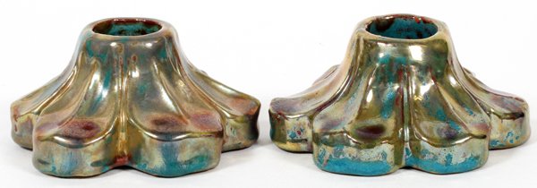 PEWABIC POTTERY CANDLESTICKS PAIR: PEWABIC POTTERY CANDLESTICKS, PAIR, H 2", DIA 4":Impressed Pewabic Detroit marks. For a high resolution photo CLICK HERE