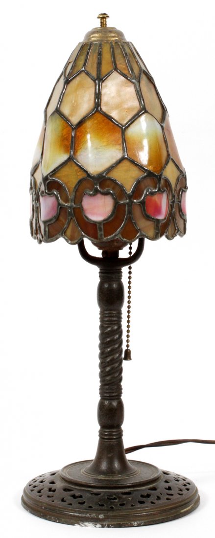 DUFFNER & KIMBERLY LEADED GLASS LAMP EARLY 20TH C.: DUFFNER & KIMBERLY LEADED GLASS LAMP, EARLY 20TH C., H 16":Having a leaded glass mushroom shape shade, pierced design round base with inscription on base "Norman O. Bishop Los Angeles". For a high res